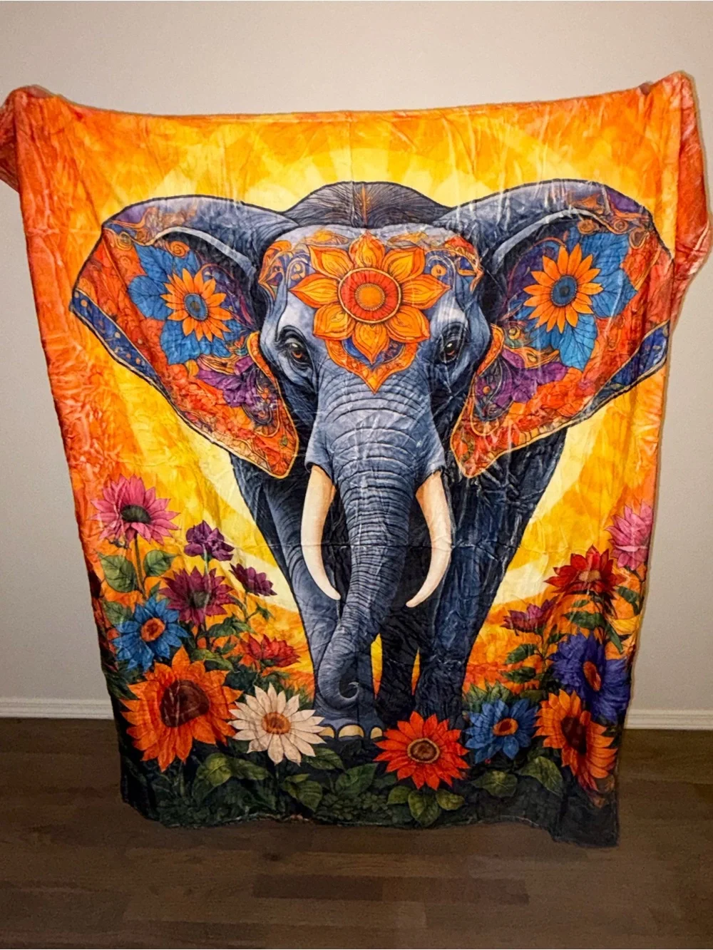 NEW Velveteen Elephant Throw Blanket 50x60 Boho Floral Sunflower White Back